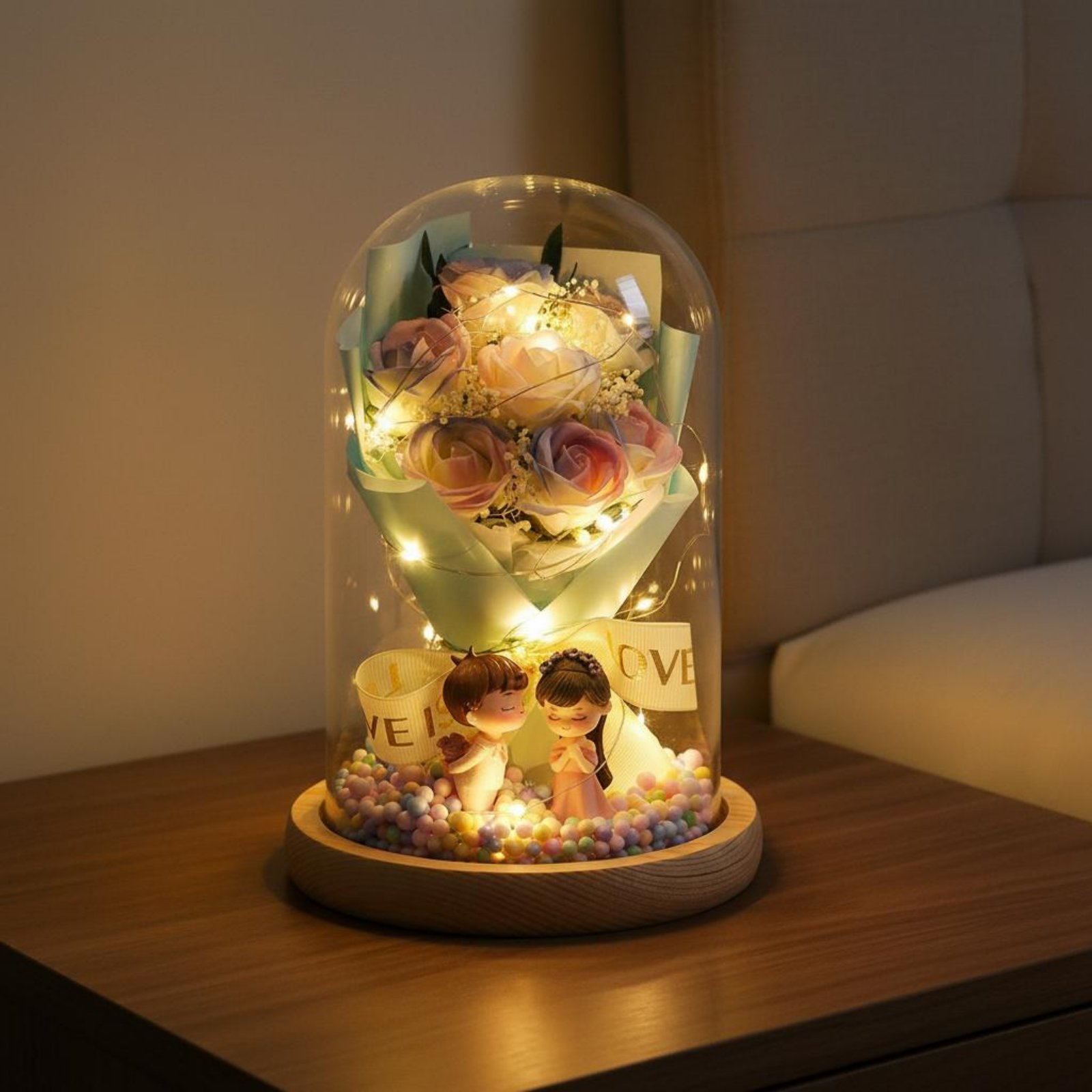 Flower Preservation Resin - Preserved Dome Wooden Base Illuminated Dome